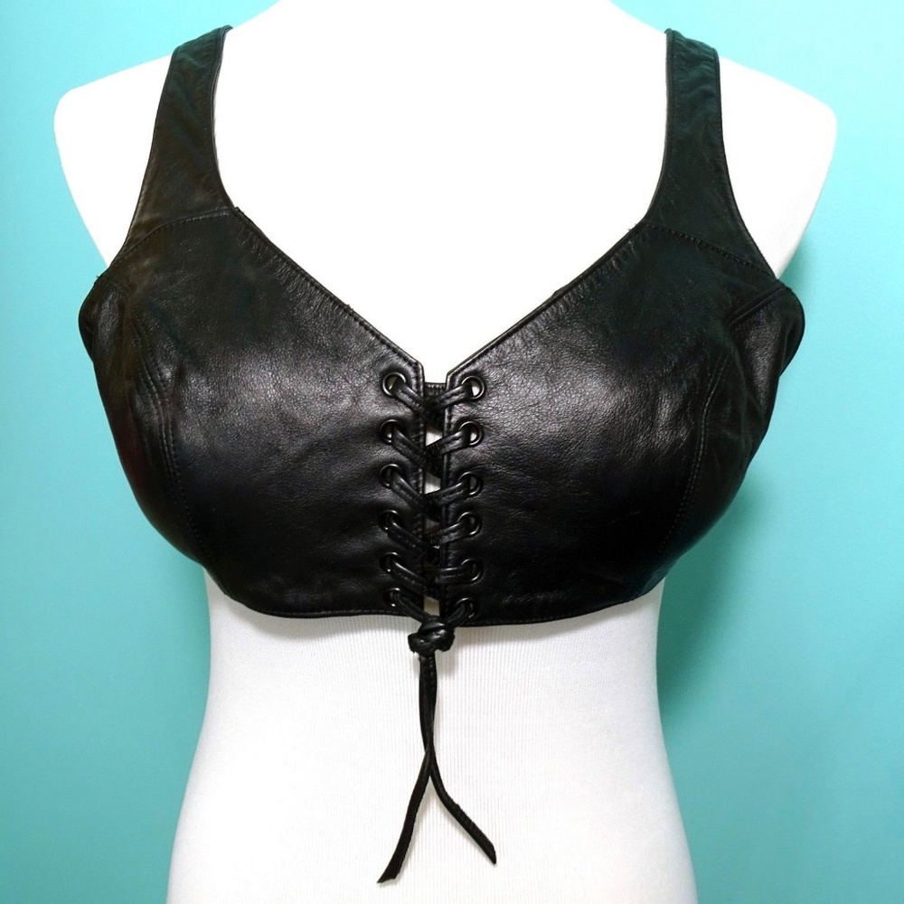 Harley Davidson Biker Black Leather Lace-Up Bra